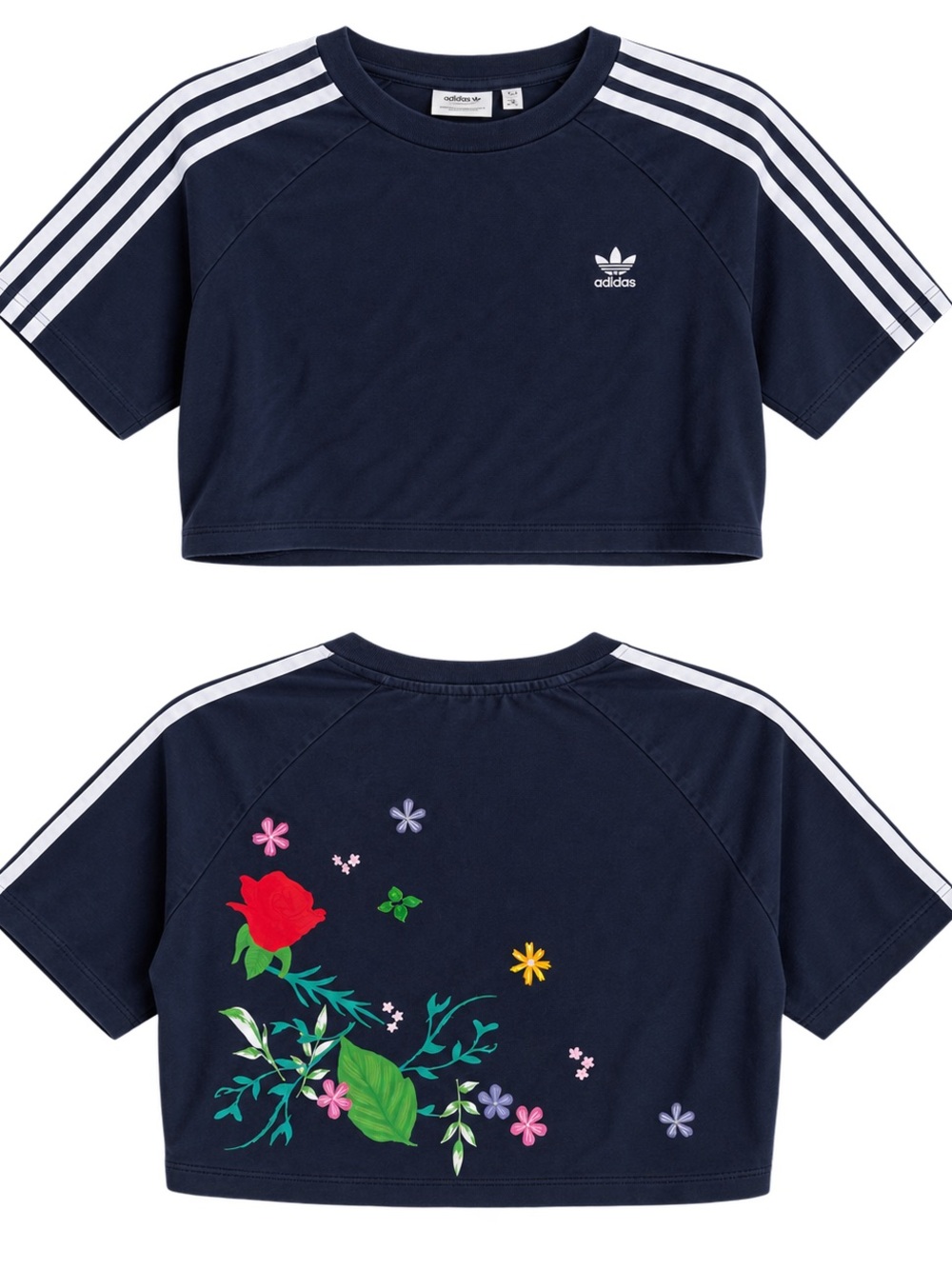 adidas Navy Cropped Tee with Floral Back Embroidery